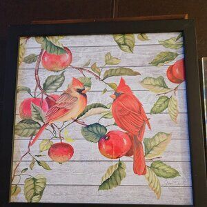 BLACK FRAMED FALL CARDINALS AND APPLES FINE ART BY JEAN PLOUT